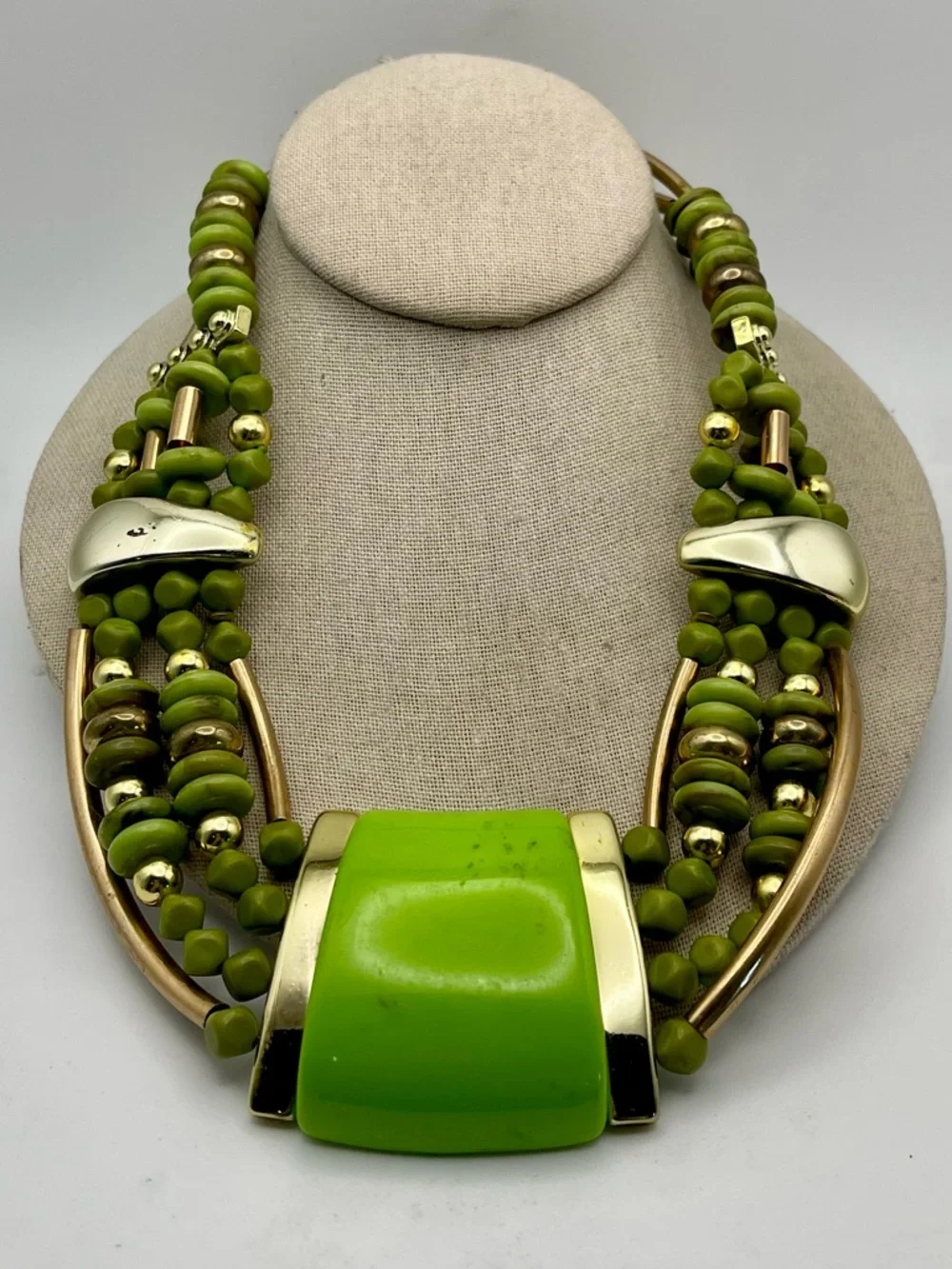 Vibrant Lime Green and Polished Gold Tone Multi Strand Statement Bib Necklace - Picture 7 of 15